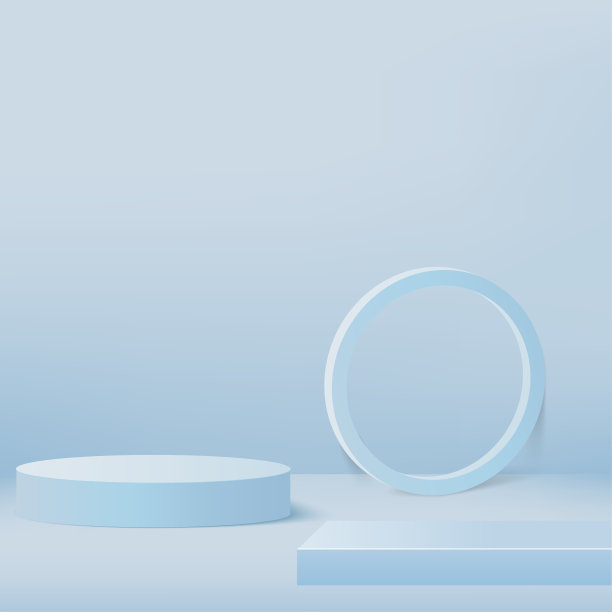 3d蓝色讲台和最小的蓝色墙壁场景。3d讲台最小抽象背景。粉彩抽象的房间设计。向量图片下载