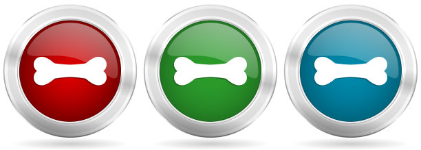 骨头，狗和动物的食物矢量图标集。红色，蓝色和绿色银色金属网按钮铬边框图片下载
