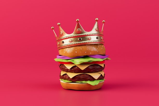 汉堡王。一个红色背景上有皇冠的大汉堡。三维渲染图片下载