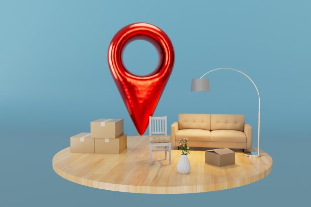 移动的概念。家具，装东西的封闭盒子和蓝色背景上的GPS点。三维渲染图片下载