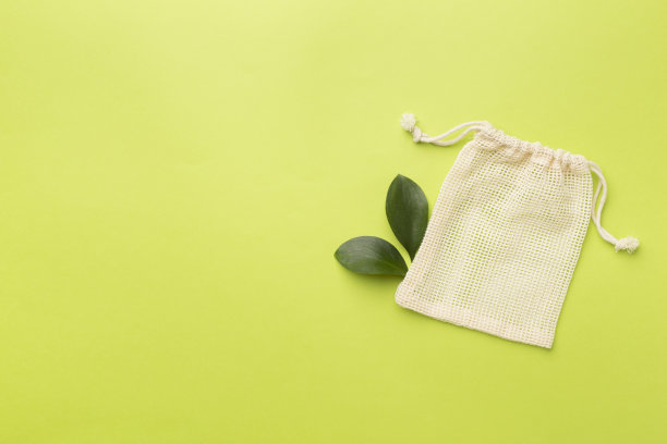 彩色背景上的小生态袋。前视图。图片下载