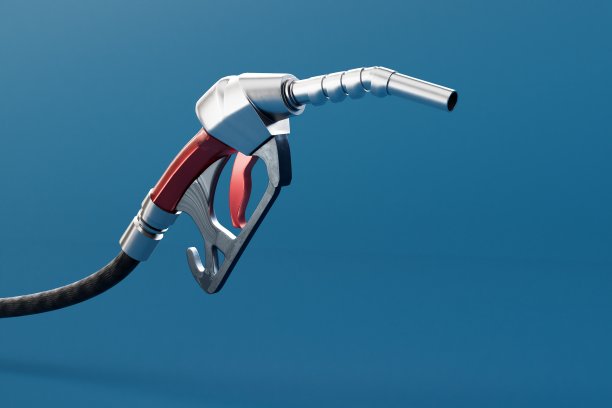 用燃料给汽车加油的概念。在蓝绿色背景上为汽车加油的手枪。三维渲染图片下载