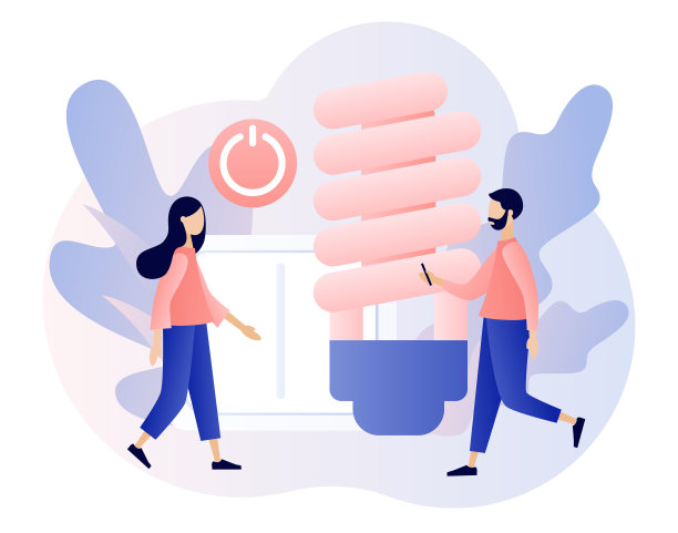 节能。可持续发展的概念。减少家中的能源消耗。小人拔掉电器插头，使用节能灯。现代平面卡通风格。矢量图图片下载