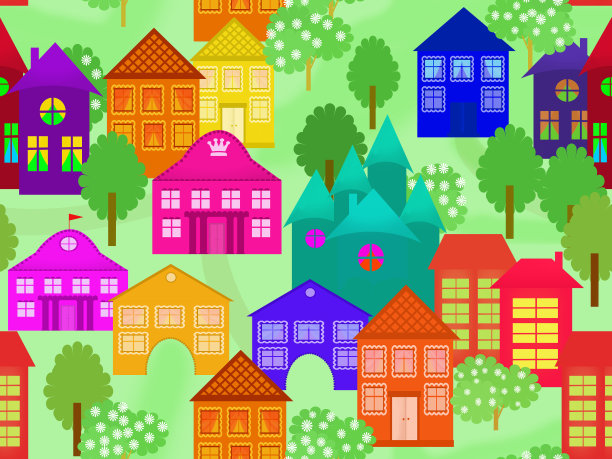 无缝的绿色图案与彩绘的房屋和塔楼。图片下载