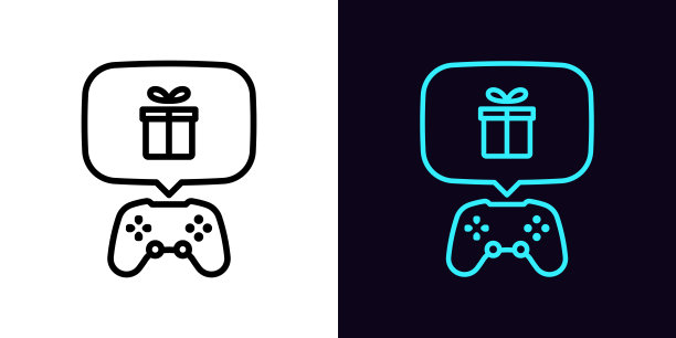 勾勒游戏控制器图标，具有可编辑的笔画。手柄和泡泡通知框带有礼盒标志，数字礼品象形图。游戏奖金，给玩家惊喜图片下载