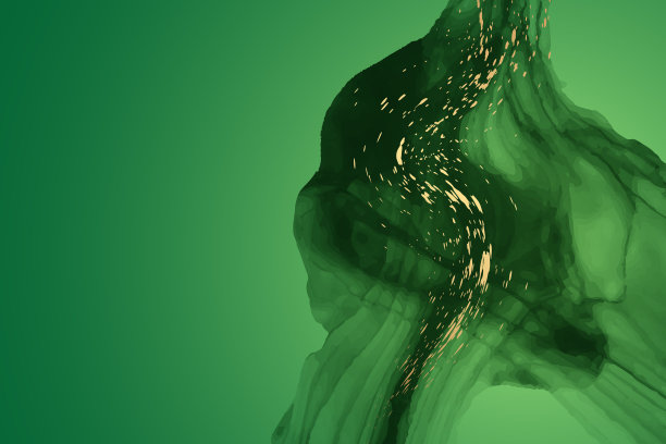 水彩背景与抽象的绿色墨水波和金色飞溅。图片下载