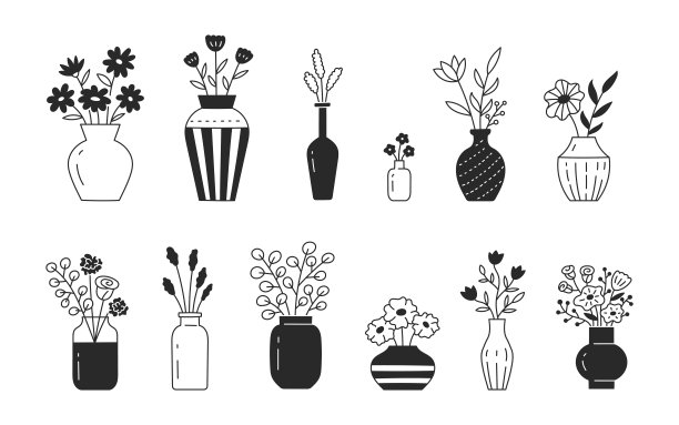 花瓶中的花涂鸦插图，包括不同的花束。手绘可爱的室内植物线条艺术。薄线性绘图着色图片下载