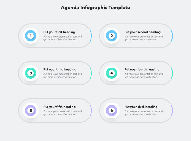 议程信息图表模板与六个步骤和一个地方为您的文本图片下载