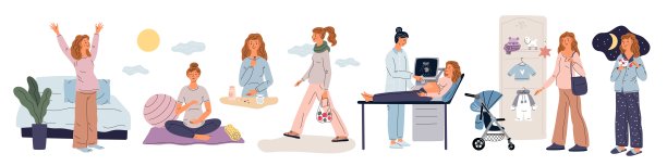 快乐孕妇日常。未来的妈妈做瑜伽。体检。妈妈喝维生素和去商店。准备分娩的女性。Garish载体妊娠套装图片下载