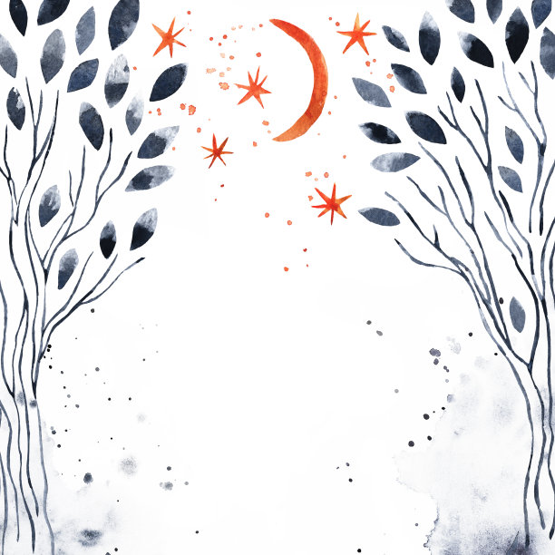 水彩画的树木，天空与新月和星星。水彩画抽象的神奇栅格景观。手绘框架与文字或插图的地方图片下载