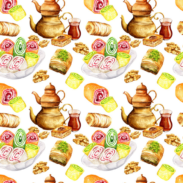 东方糖果和铜茶壶的无缝图案，不同的洛克姆，多色洛克姆，土耳其糖果，手绘素描，水彩插图图片下载