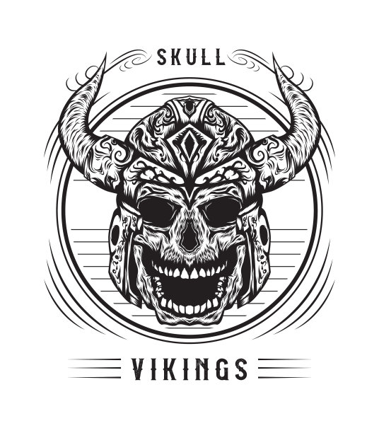 在黑色和白色的维京头骨详细矢量插图图片下载