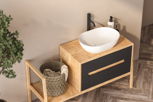 在极简主义的浴室里，白色的水槽和椭圆形的镜子站在米黄色的墙壁上，木制的橱柜和黑色的水龙头。三维渲染图片下载