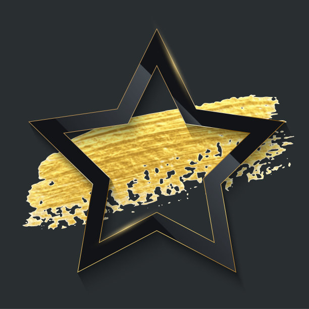 黑色星形边框上的金色笔刷描边矢量插图。逼真的3d画框几何造型，纸上的金色飞溅涂抹，黑色背景上隔离着闪亮效果的装饰图片下载