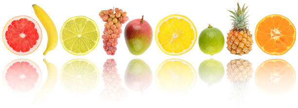 新鲜的热带水果排光反射隔离在白色图片下载