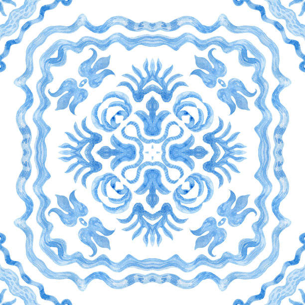 水彩画靛蓝色锦缎无缝模式的白色背景。西班牙瓷砖与手绘巴洛克和花卉装饰图片下载