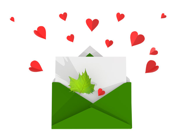 叶子信封信爱的心自然孤立-三维渲染图片下载