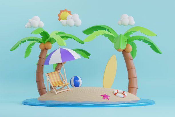 暑假概念的3d渲染。暑假海边的小岛。夏季和旅游度假概念与沙滩椅和雨伞。三维演示图片下载