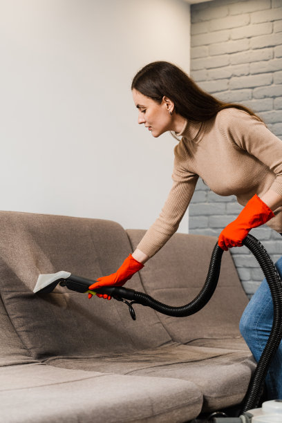 管家正在用干洗机从软垫沙发上取出污垢。清洁女孩正在清洁沙发与提取机干洗软垫家具。图片下载