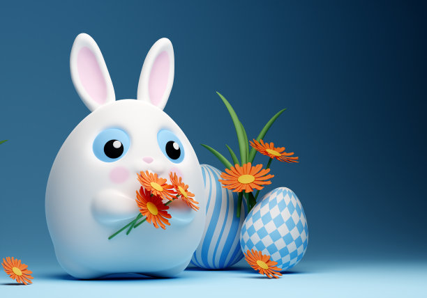 3d复活节快乐横幅上有可爱的小白兔和大大的蓝眼睛图片下载
