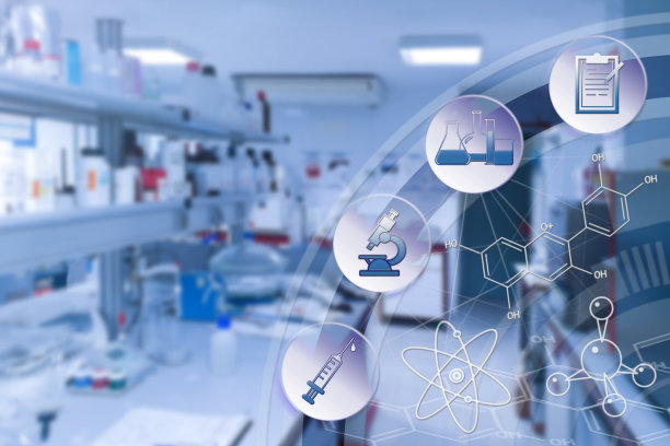 图标以化学图案的形式模糊了实验室、科学、研究和科学技术概念的背景，以蓝色为主色调。图片下载