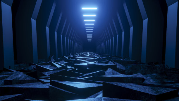 网络景观与混凝土废墟照明的蓝色灯三维渲染艺术现代设计。图片下载