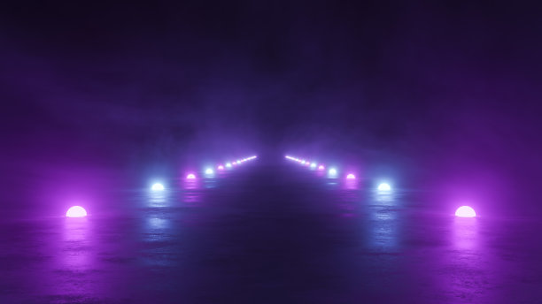 霓虹灯照明的烟雾跑道景观，3d渲染现代设计。图片下载