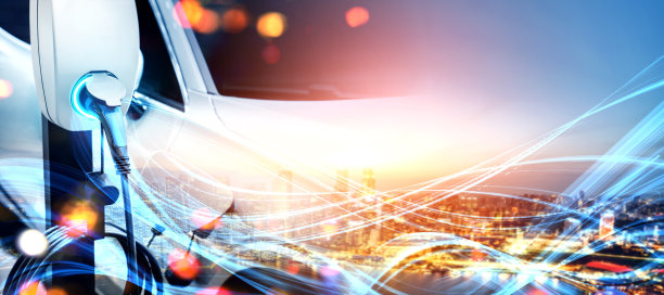 电动汽车充电站以绿色能源和可持续能源生产的生态电力为概念，供应给充电站，以减少二氧化碳排放。图片下载