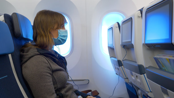 特写:年轻的女旅客在国际航班上看电影。图片下载