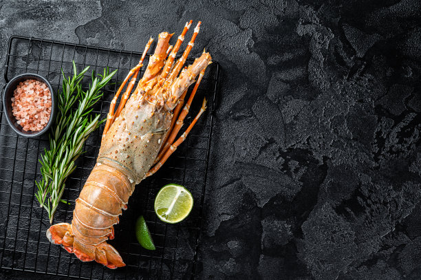 煮熟的多刺龙虾或海小龙虾。黑色背景。前视图。本空间图片下载