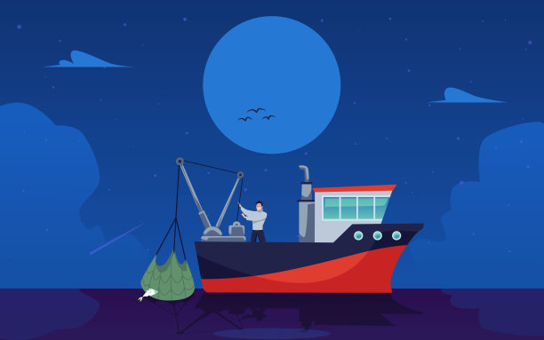 夜间海洋景观与渔业船和渔民平矢量插图。图片下载