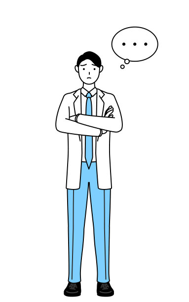 一个穿着白大褂的男医生，双臂交叉，思考着。图片下载