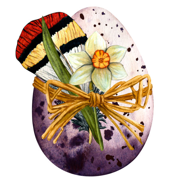 水彩画春季复活节插图与花水仙，柳枝，羽毛，丝带，蝴蝶结和彩色鸡蛋图片下载