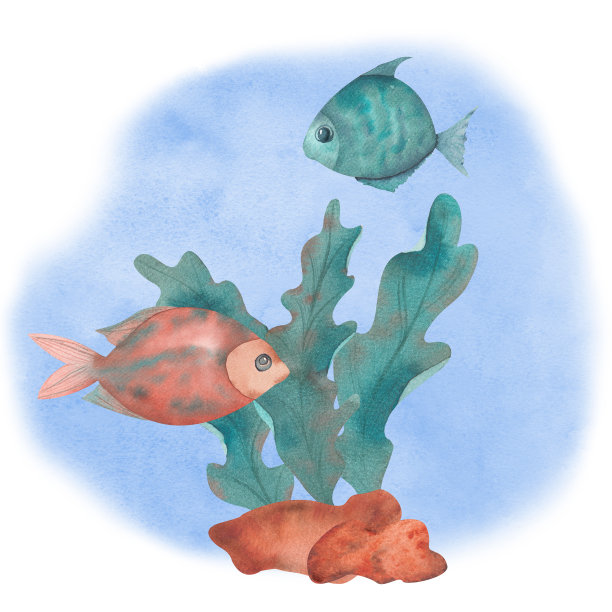 橙黄色和蓝绿色的海藻和鱼的插图。水族馆组成。水彩组成图片下载