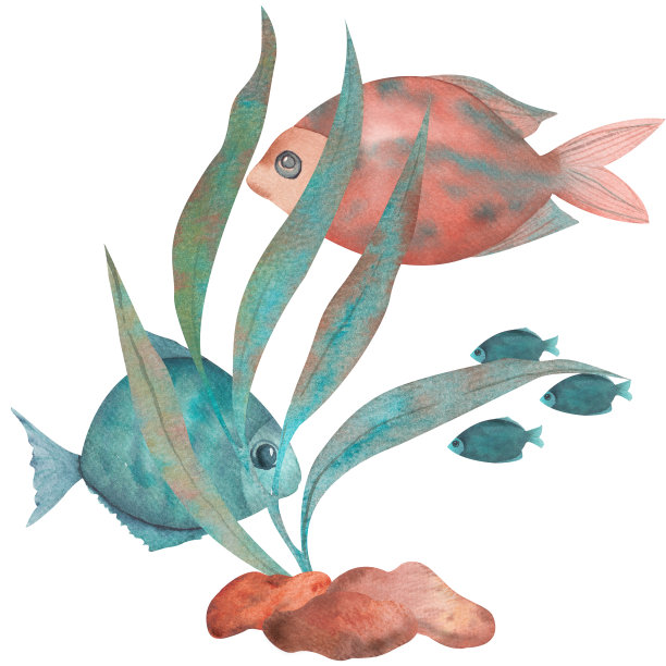 橙黄色和蓝绿色的海藻和鱼的插图。水族馆组成。水彩组成图片下载