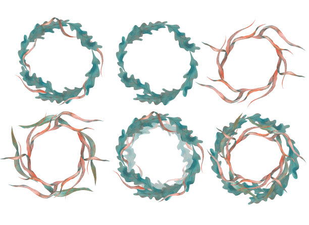 花环与藻类，水下植物在绿松石，手绘水彩插图。图片下载