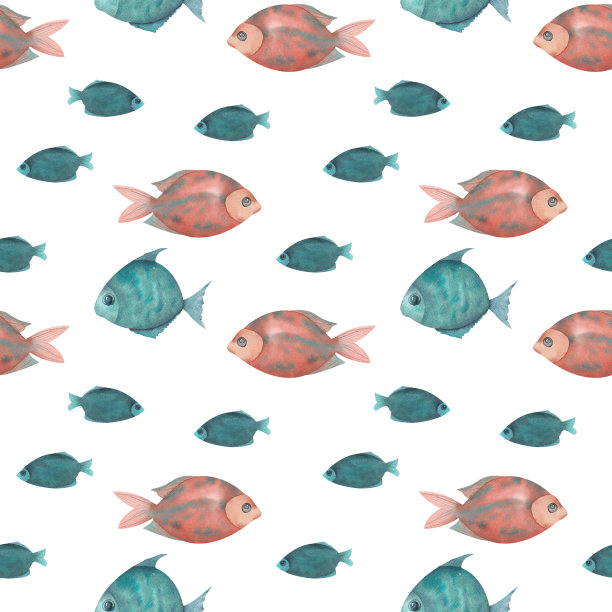 手绘水彩鱼无缝图案。一套装饰性的蓝色鱼和红色鱼图片下载