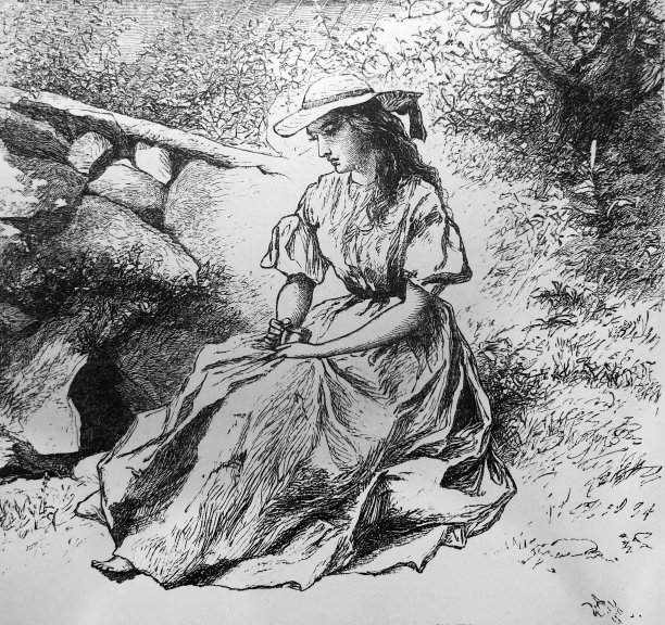 古董插图-惠蒂尔的诗1870 -女人穿着长裙和帽子独自坐在沉思图片下载