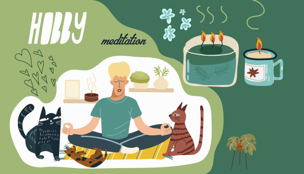 拼贴的主题是爱好，空闲时间，一个人的性格，一个人坐在一个莲花的位置，冥想，瑜伽，放松，宠物，矢量插图。图片下载