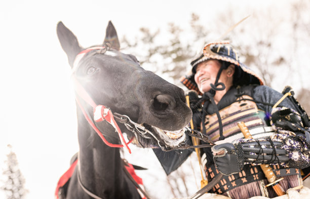 退休武士和他快乐的傻马的低角度图片下载