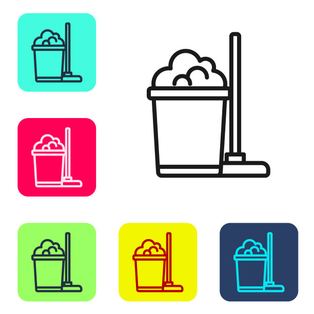 黑线拖把和水桶图标隔离在白色上图片下载