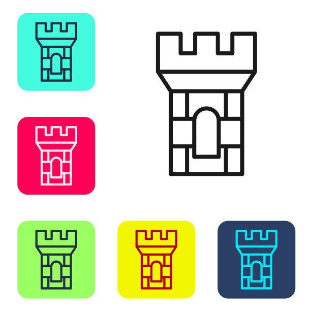 黑线城堡塔楼图标孤立在白色上图片下载