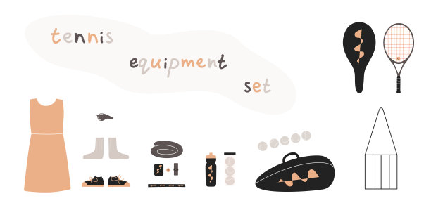 平面矢量插图在幼稚的风格。手绘网球装备和器材，球拍，球图片下载