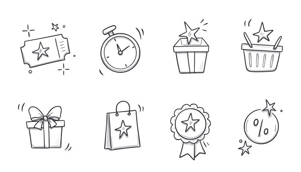 涂鸦礼物，折扣优惠券图标集。手绘素描风格奖金奖品，忠诚计划图标。金钱奖励程序提供涂鸦。向量图片下载