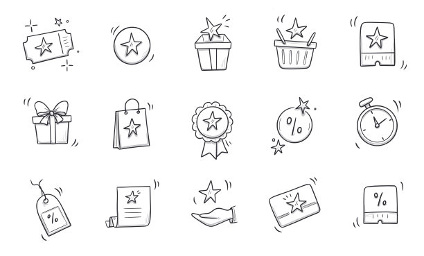 涂鸦礼物，折扣优惠券图标集。手绘素描风格的奖金卡，忠诚计划图标。积分奖励程序提供涂鸦。向量图片下载