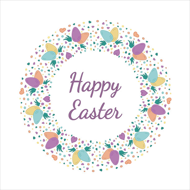 复活节花环。彩色鸡蛋和爱心。涂鸦矢量插图。复活节快乐。图片下载