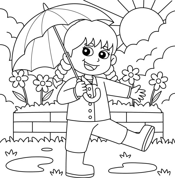 春姑娘举着伞涂色页图片下载
