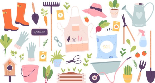 园艺工具包括手推车和耙子耕作图片下载
