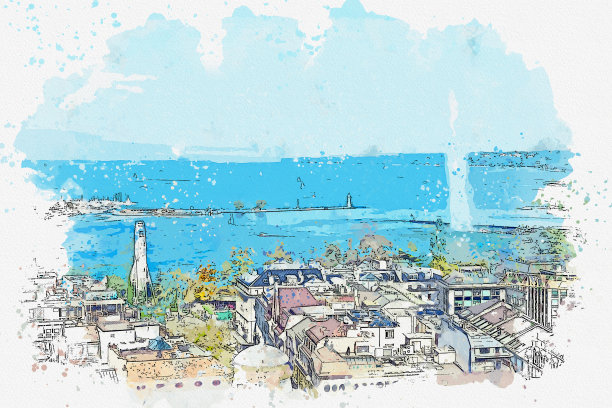 水彩画美丽的街景和建筑在日内瓦，瑞士。图片下载