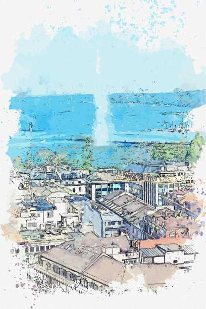 水彩画美丽的街景和建筑在日内瓦，瑞士。图片下载